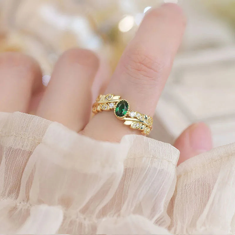 Emerald Crystal Open Ring 14K Real Leaf Shape Zircon Lady Rings Wedding Jewelry