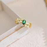 Emerald Crystal Open Ring 14K Real Leaf Shape Zircon Lady Rings Wedding Jewelry
