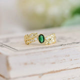 Emerald Crystal Open Ring 14K Real Leaf Shape Zircon Lady Rings Wedding Jewelry