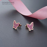 Rose Butterfly Stud Earrings Zircon Silver Earrings