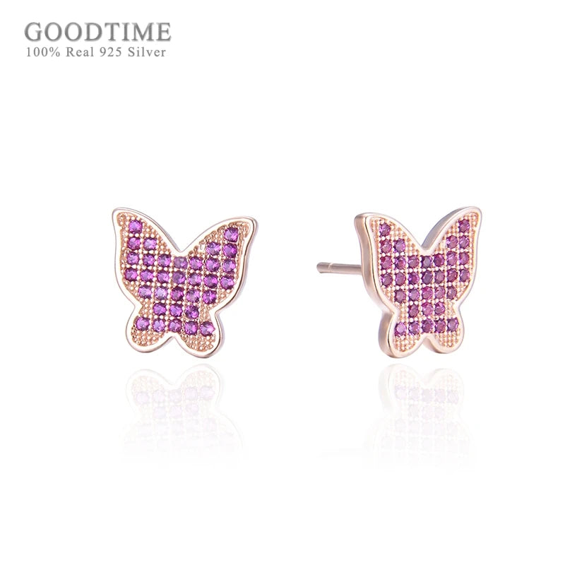 Rose Butterfly Stud Earrings Zircon Silver Earrings
