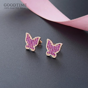 Rose Butterfly Stud Earrings Zircon Silver Earrings