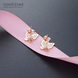 Rose Butterfly Stud Earrings Zircon Silver Earrings