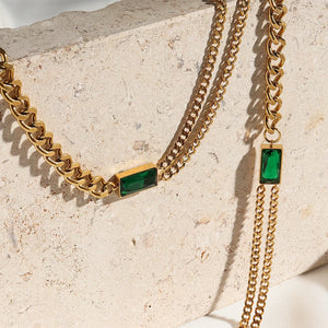 18K Plated Emerald CZ Cuban Chain Choker Necklace
