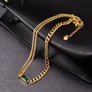 18K Plated Emerald CZ Cuban Chain Choker Necklace