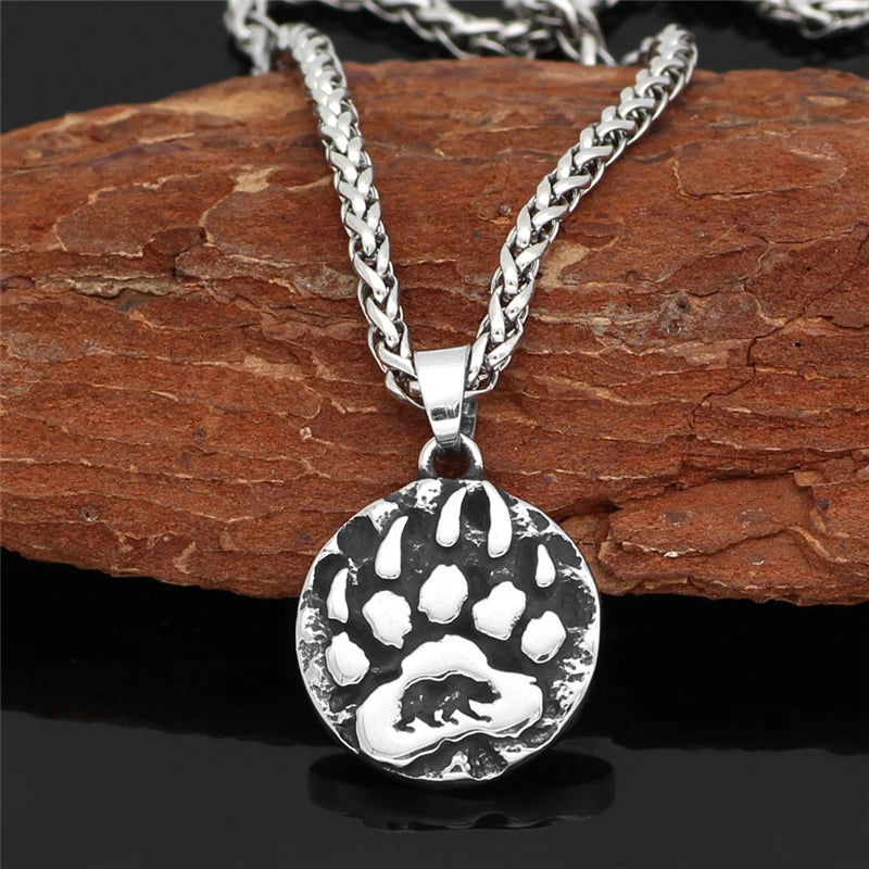 Nordic Viking Bear Paw Print Pendant Stainless Steel Necklace Vintage Jewelry
