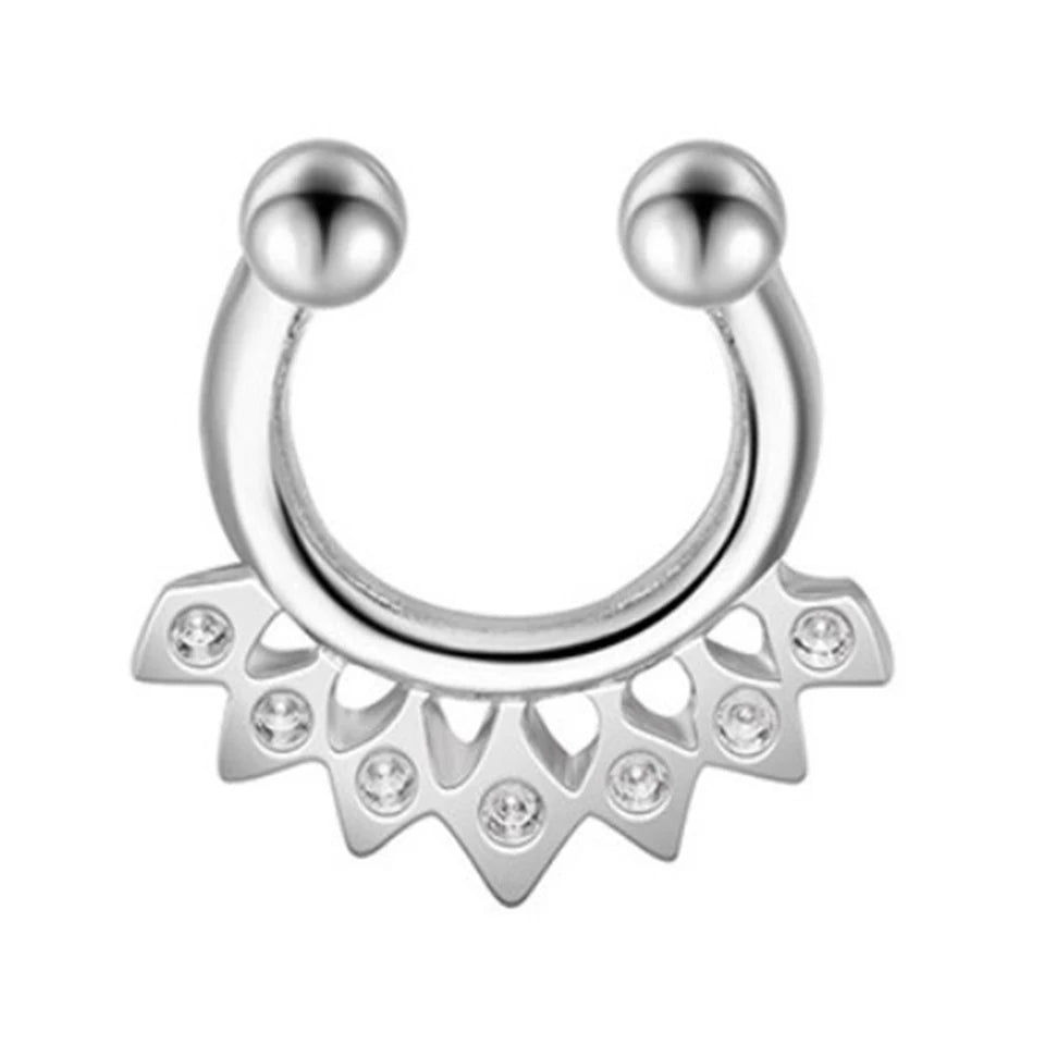 Faux Nose Ring CZ Rose Silver Non Piercing Clip On Body Jewelry
