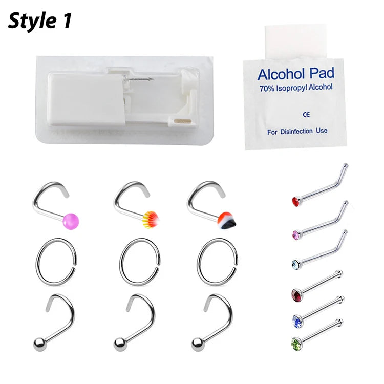Disposable Sterile Nose Piercing Gun Kit with CZ Studs 20G