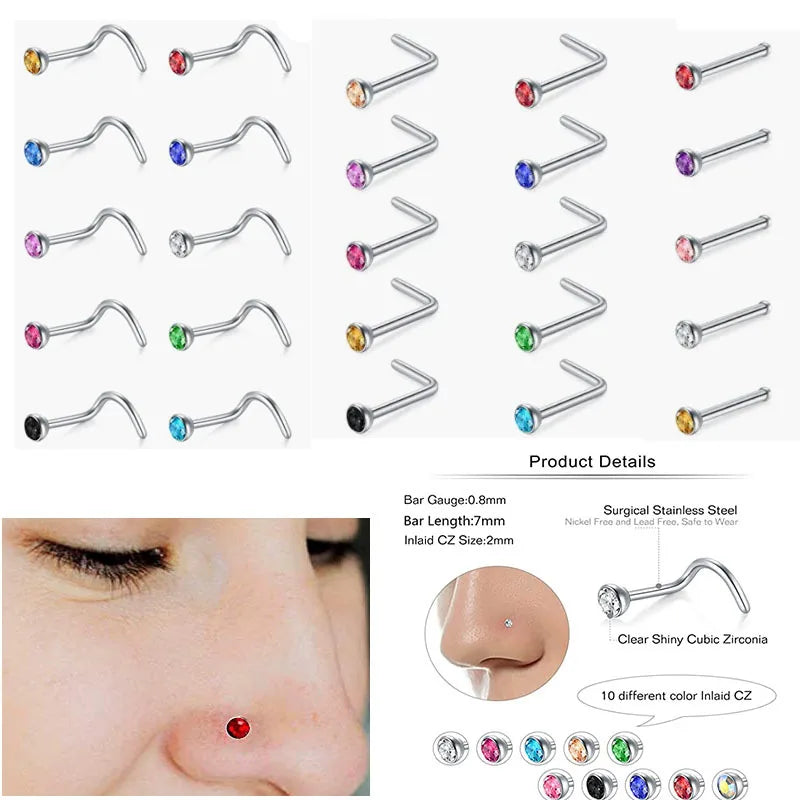 Crystal Nose Ring Sets L Shape Curve Mixed Color Straight Piercing Set