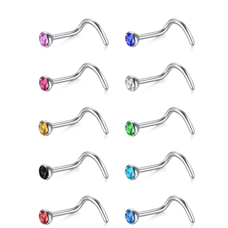 Crystal Nose Ring Sets L Shape Curve Mixed Color Straight Piercing Set