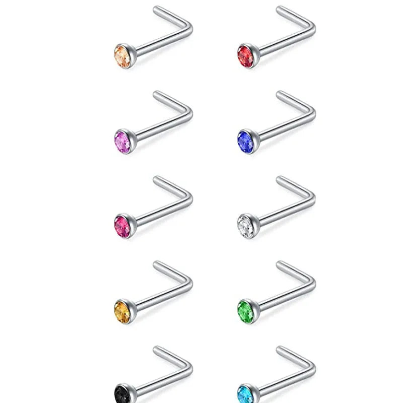 Crystal Nose Ring Sets L Shape Curve Mixed Color Straight Piercing Set