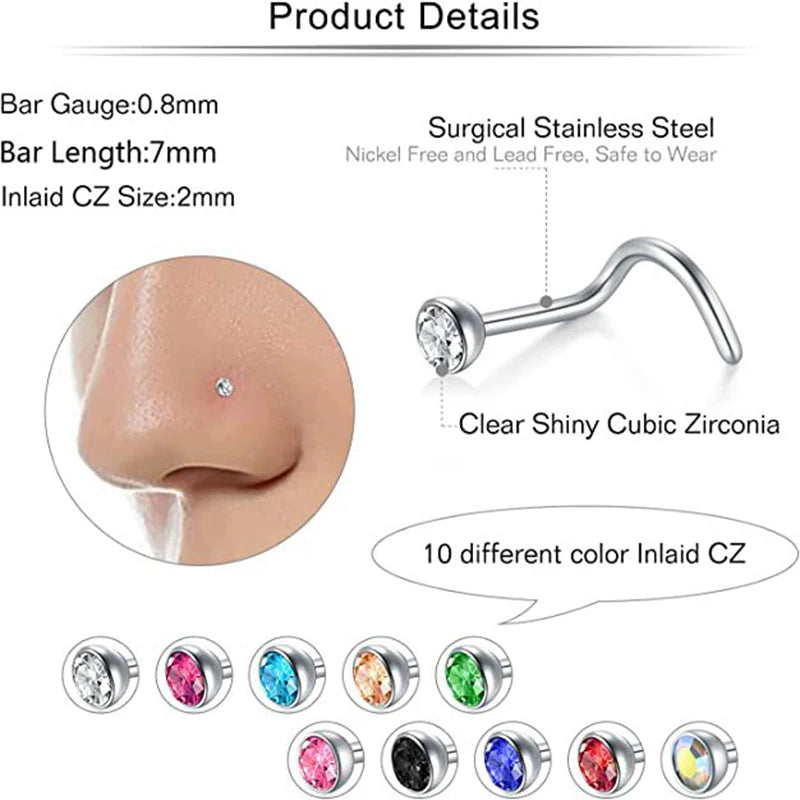 Crystal Nose Ring Sets L Shape Curve Mixed Color Straight Piercing Set