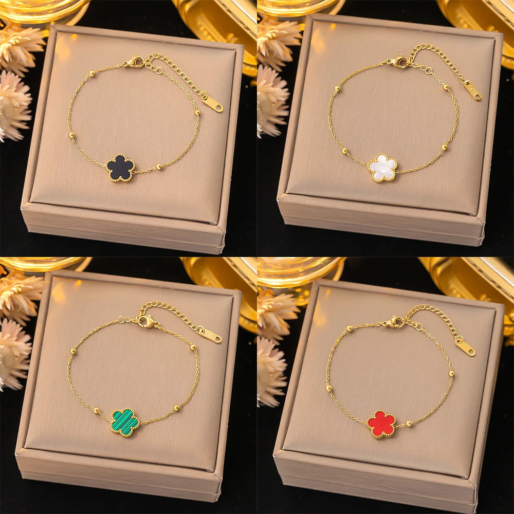 Colorful Five Leaf Flower Charm Bracelet Stainless Steel Plum Blossom