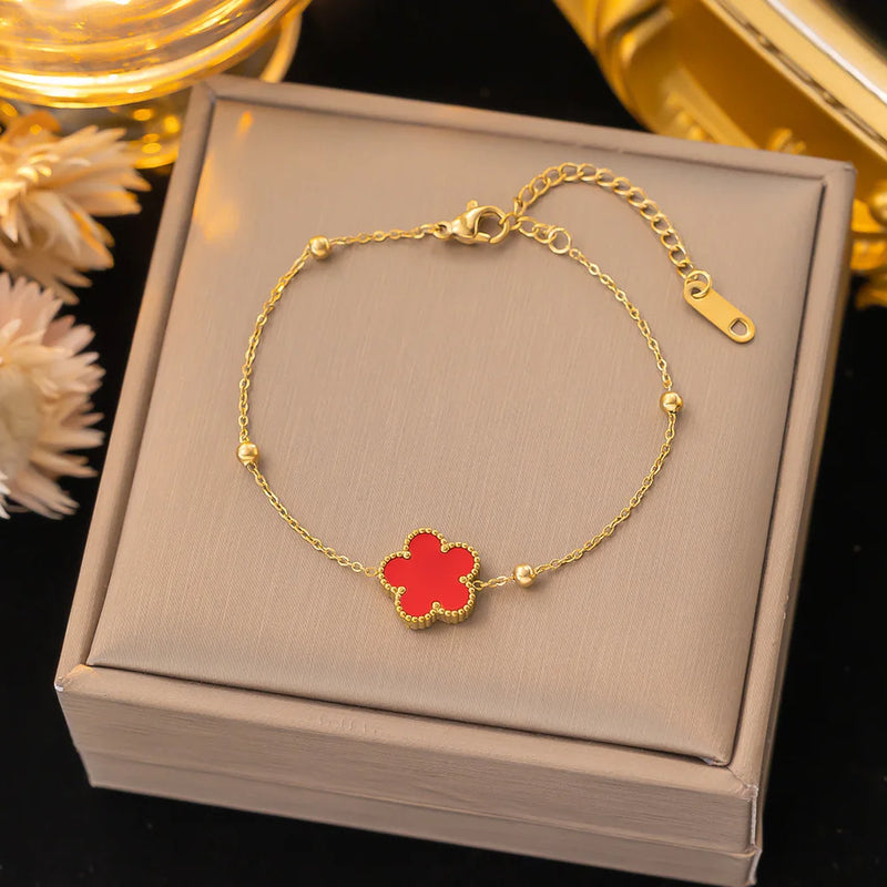 Colorful Five Leaf Flower Charm Bracelet Stainless Steel Plum Blossom