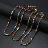 Boho Men Necklace Coconut Bead Emperador Stone Collar Short