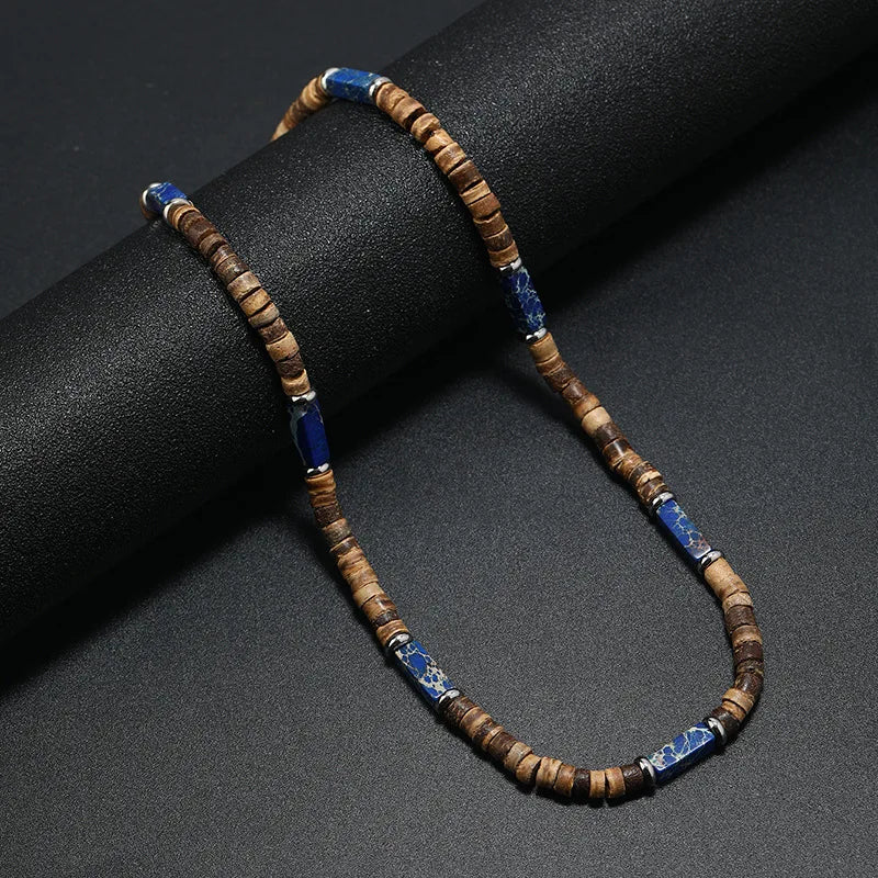 Boho Men Necklace Coconut Bead Emperador Stone Collar Short