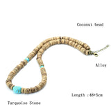 Men Coconut Bead Necklace Antique Ethnic Wooden Collar 19 Inch Short Stone