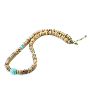 Men Coconut Bead Necklace Antique Ethnic Wooden Collar 19 Inch Short Stone