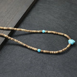 Men Coconut Bead Necklace Antique Ethnic Wooden Collar 19 Inch Short Stone
