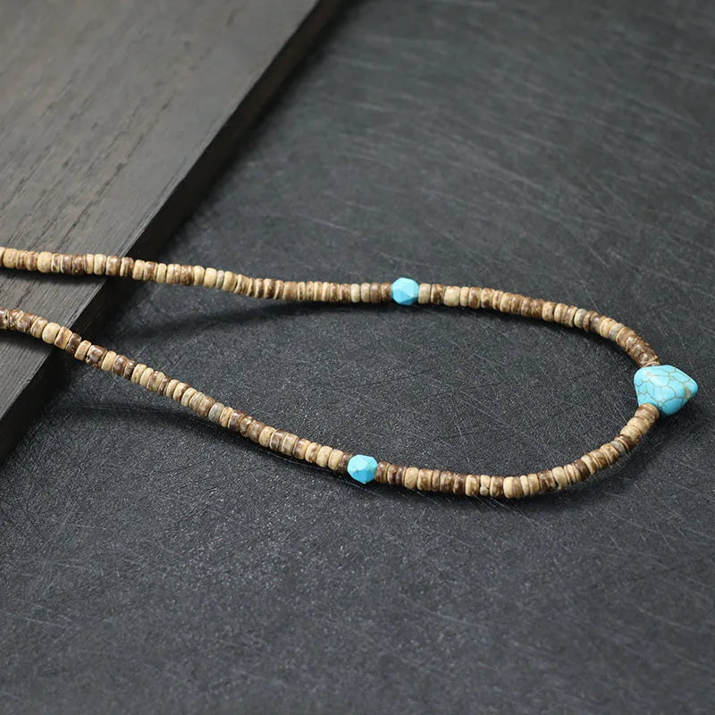 Vintage Coconut Bead Necklace Men 19 Inch Short Natural Wood Collar