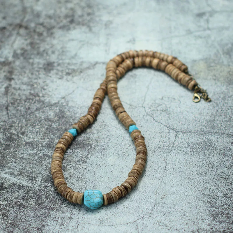 Vintage Coconut Bead Necklace Men 19 Inch Short Natural Wood Collar