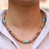 Vintage Coconut Bead Necklace Men 19 Inch Short Natural Wood Collar