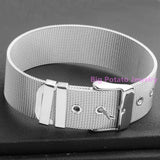 Adjustable Leather Belt Bracelet Bangle, Silver Stainless Steel, 18mm
