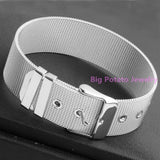 Adjustable Leather Belt Bracelet Bangle, Silver Stainless Steel, 18mm