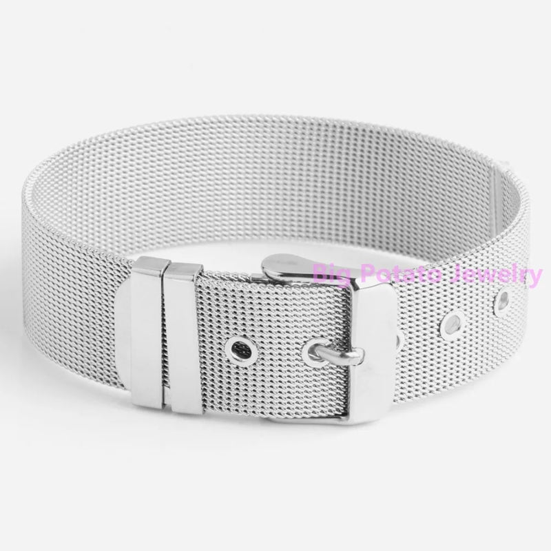 Adjustable Leather Belt Bracelet Bangle, Silver Stainless Steel, 18mm