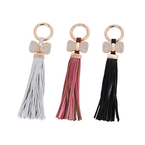 Leather Tassel Bow Keychain Crystal Car Bag Pendant Keyring Women Gift