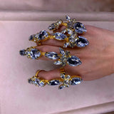 4PCS Rhinestone Acrylic Big Water Drop Cuff Open Rings Wedding Jewelry
