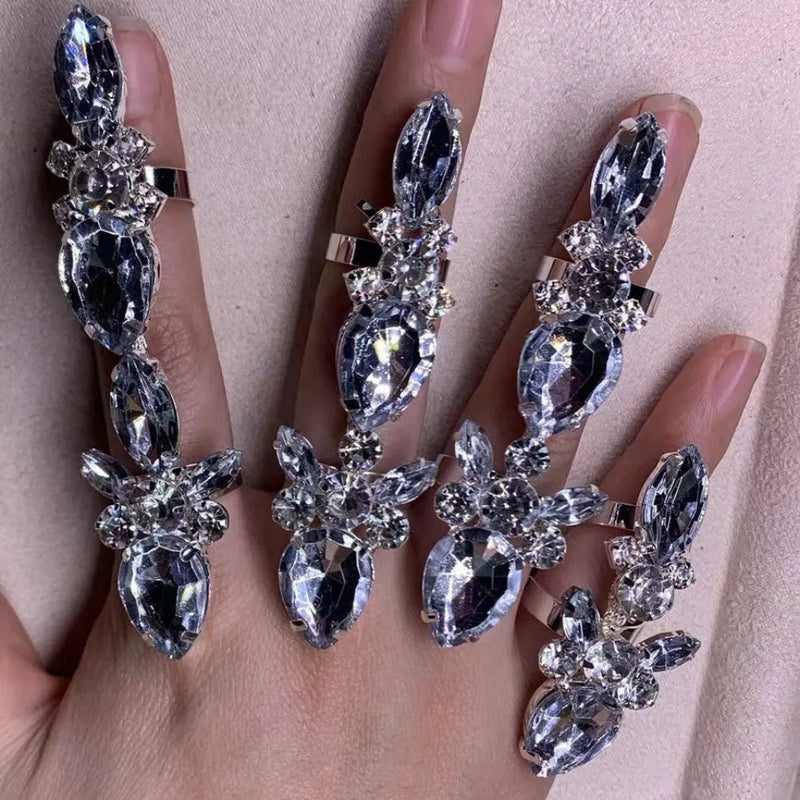 4PCS Rhinestone Acrylic Big Water Drop Cuff Open Rings Wedding Jewelry