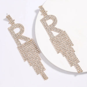 Rhinestone Letter R Tassel Drop Earrings Bling Crystal Dangle Statement Jewelry