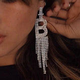 Rhinestone Letter R Tassel Drop Earrings Bling Crystal Dangle Statement Jewelry