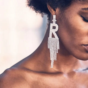 Rhinestone Letter R Tassel Drop Earrings Bling Crystal Dangle Statement Jewelry