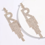 Rhinestone Letter R Tassel Drop Earrings Bling Crystal Dangle Statement Jewelry