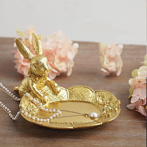 Golden Jewelry Display Tray Rabbit Statue Earring Organizer Dish