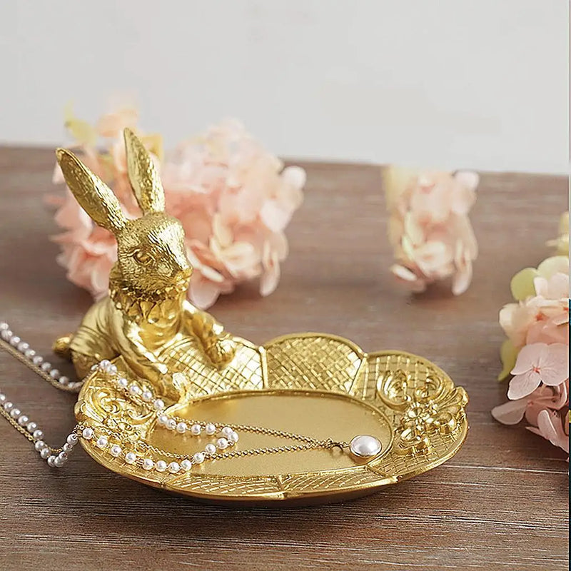 Golden Jewelry Display Tray Rabbit Statue Earring Organizer Dish