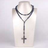 Gemstone Rosary Tiger-Eye Lapis Lazuli Beads Necklace Hematite Cross Pendant