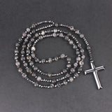 Gemstone Rosary Tiger-Eye Lapis Lazuli Beads Necklace Hematite Cross Pendant