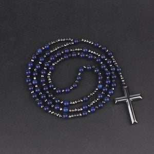 Gemstone Rosary Tiger-Eye Lapis Lazuli Beads Necklace Hematite Cross Pendant