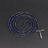 Gemstone Rosary Tiger-Eye Lapis Lazuli Beads Necklace Hematite Cross Pendant