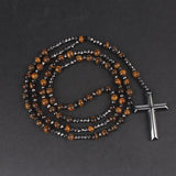 Gemstone Rosary Tiger-Eye Lapis Lazuli Beads Necklace Hematite Cross Pendant