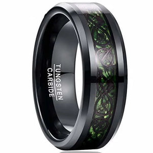 8mm Carbon Fiber Green Zircon Ring Dragon Pattern Tungsten Carbide Wedding Band