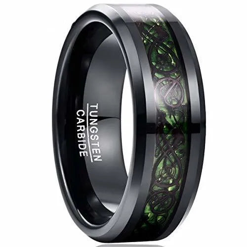 8mm Carbon Fiber Green Zircon Ring Dragon Pattern Tungsten Carbide Wedding Band