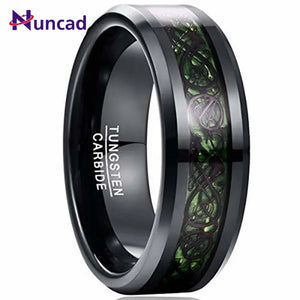 8mm Carbon Fiber Green Zircon Ring Dragon Pattern Tungsten Carbide Wedding Band