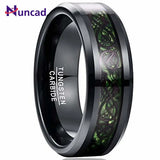 8mm Carbon Fiber Green Zircon Ring Dragon Pattern Tungsten Carbide Wedding Band