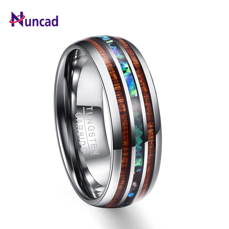 Nuncad US Size 8mm Koa Wood and Abalone Tungsten Rings