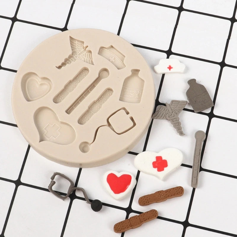 Nurse Theme Fondant Mold Stethoscope Pill Bottle Bandage - Medical Silicone Mold