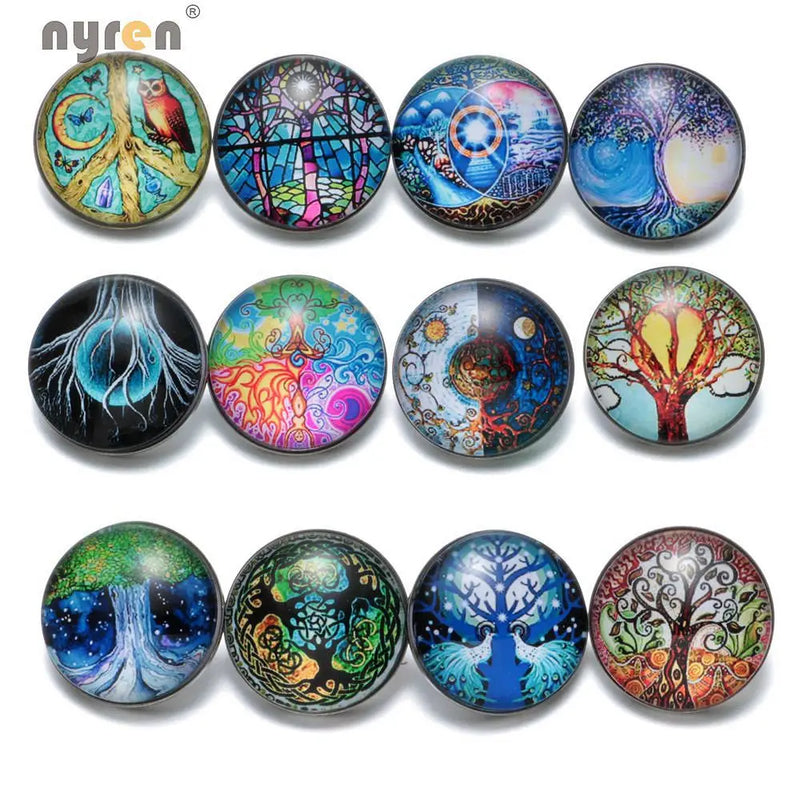12pcs Wisdom Life Tree 18mm Glass Snap Buttons For DIY Snaps Jewelry